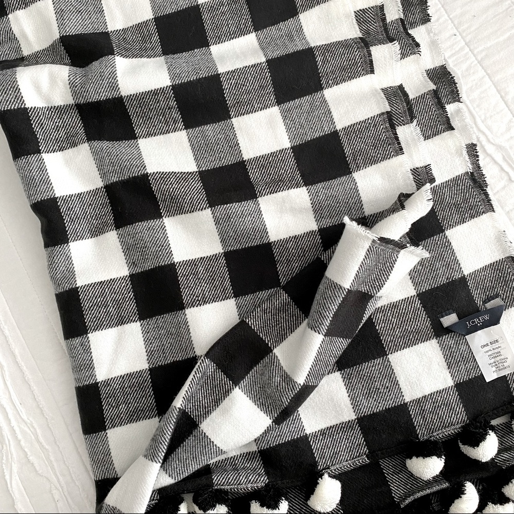 J.Crew Black/White Gingham Checked Pom Pom Scarf (never worn)